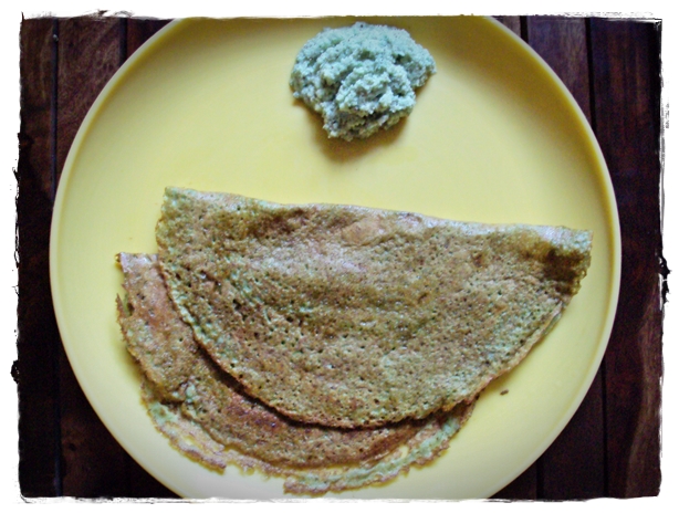 mung dosa served with green coconut chutney